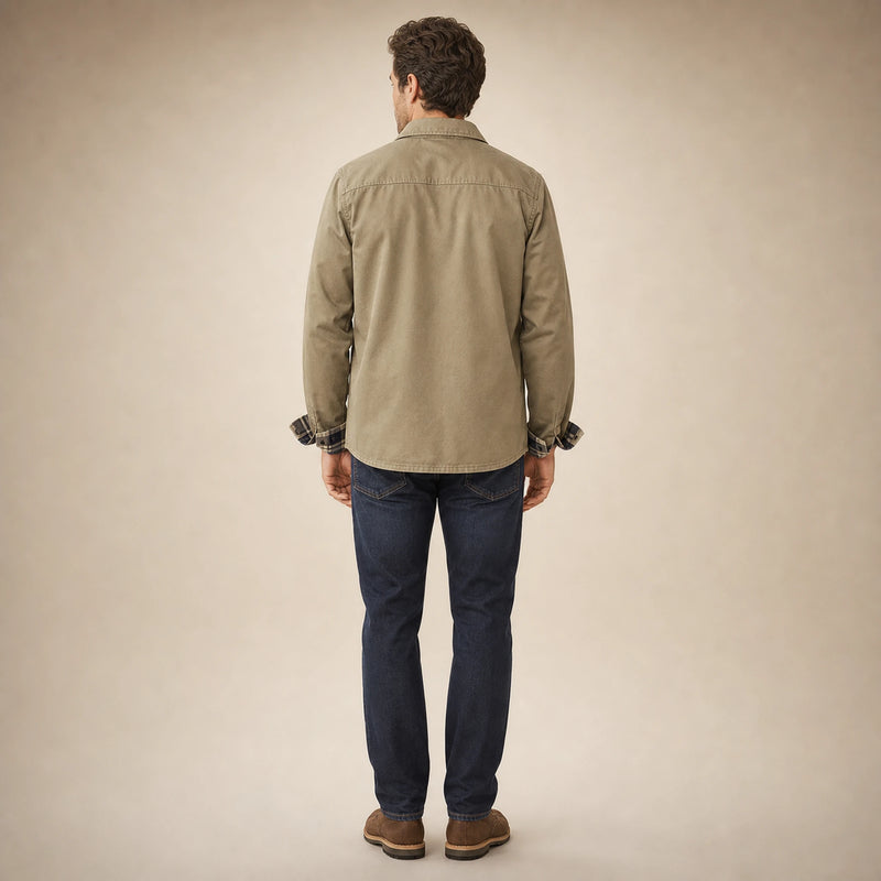 SOFAINE-V5-2026-07-07 Sofaine James men's waxed cotton jacket in Beige, worn back