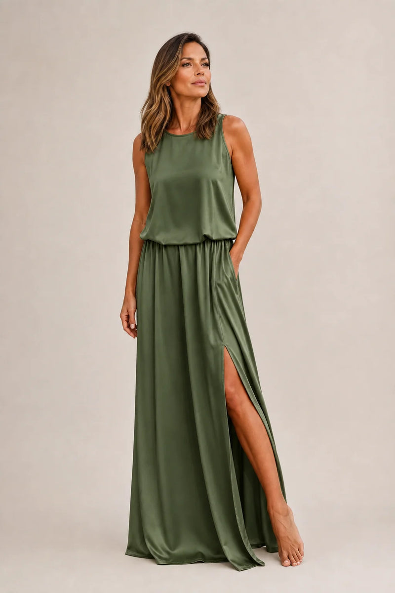 Sofaine Colette sleeveless round-neck maxi dress in Green, worn front