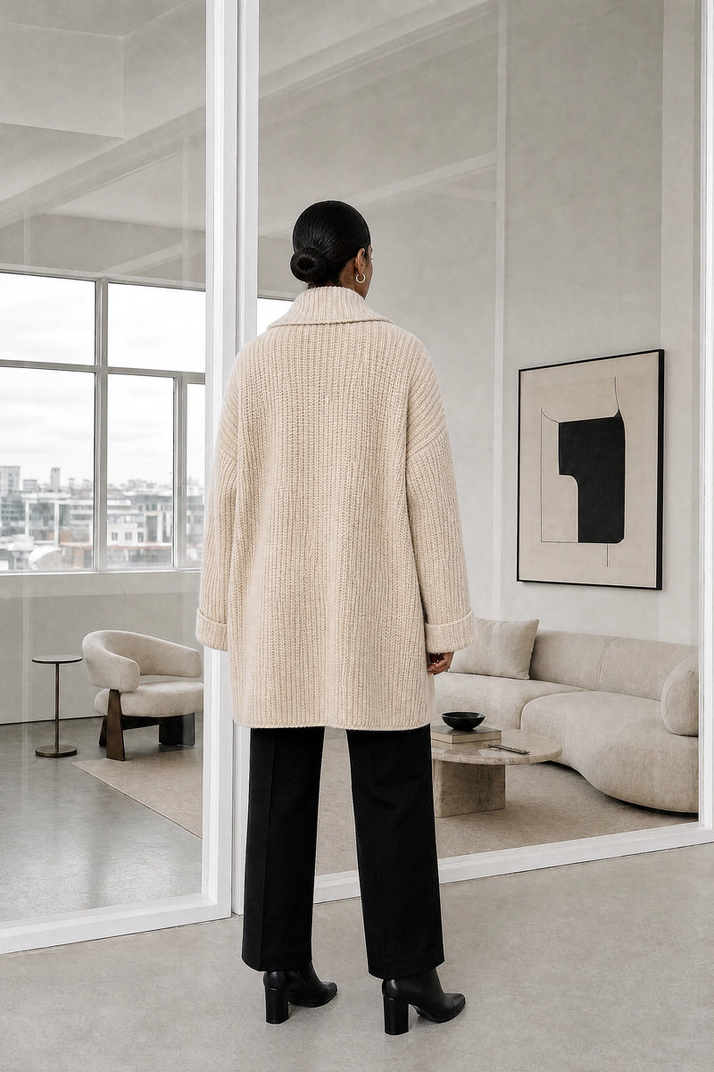India | Open-Front Cardigan in Beige, studio back view