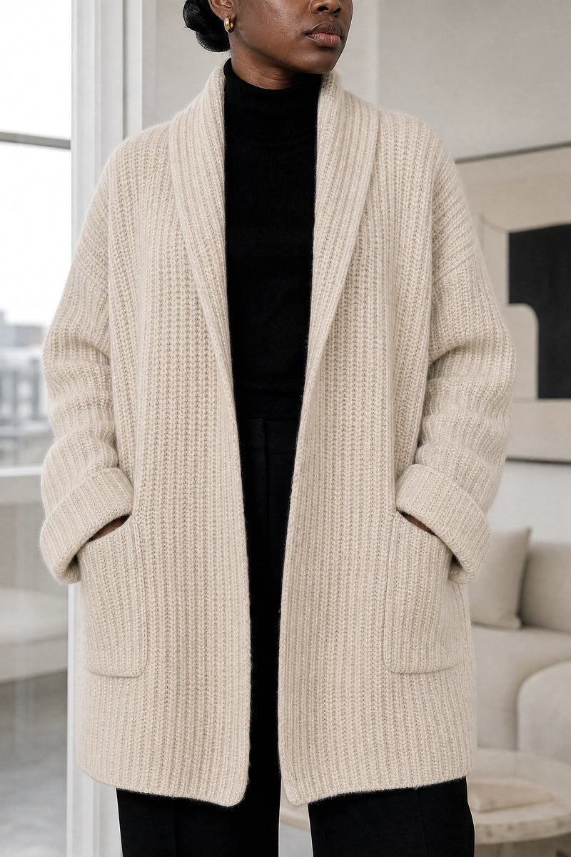 India | Open-Front Cardigan in Beige, fabric close-up