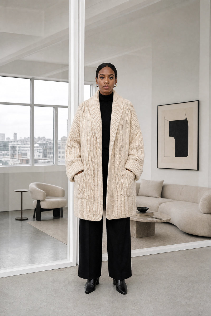 India | Open-Front Cardigan in Beige, studio front view