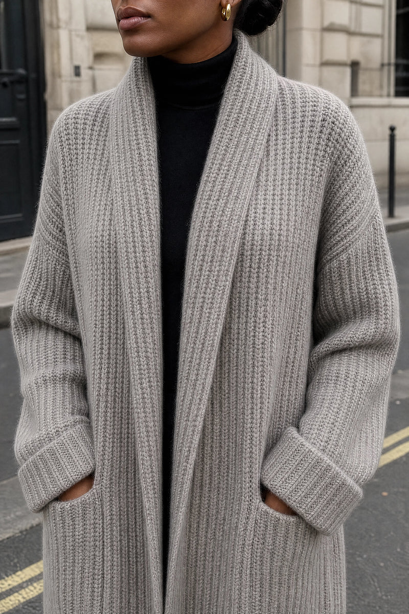 SOFAINE-V7-LIFE-India | Open-Front Cardigan in Grey, detail close-up