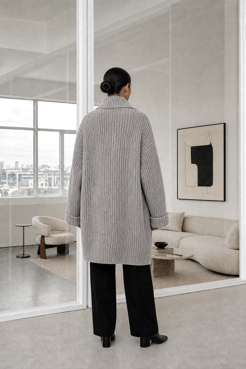 India | Open-Front Cardigan in Grey, studio back view