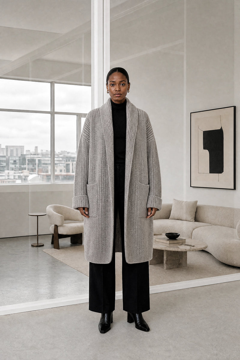 India | Open-Front Cardigan in Grey, studio front view