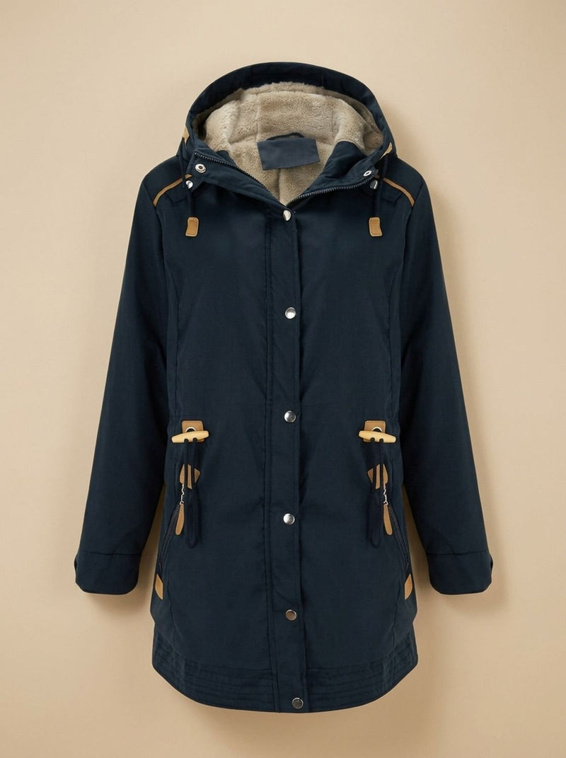 Winter Parka for Women with Fleece-Lined Hood and Drawstring Waist in Navy, studio front view