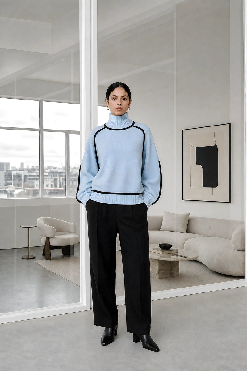 Inez | Turtleneck Sweater in Blue, studio front view