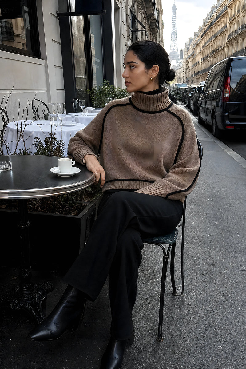 SOFAINE-V7-LIFE-Inez | Turtleneck Sweater in Brown, café scene