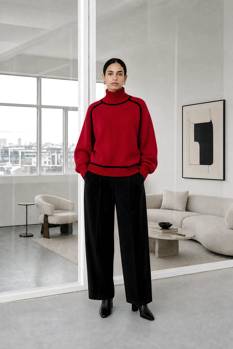 Inez | Turtleneck Sweater in Red, studio front view