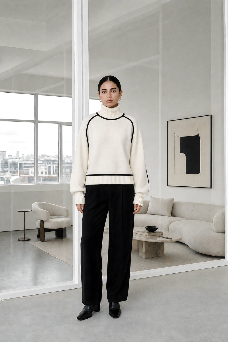 Inez | Turtleneck Sweater in White, studio front view