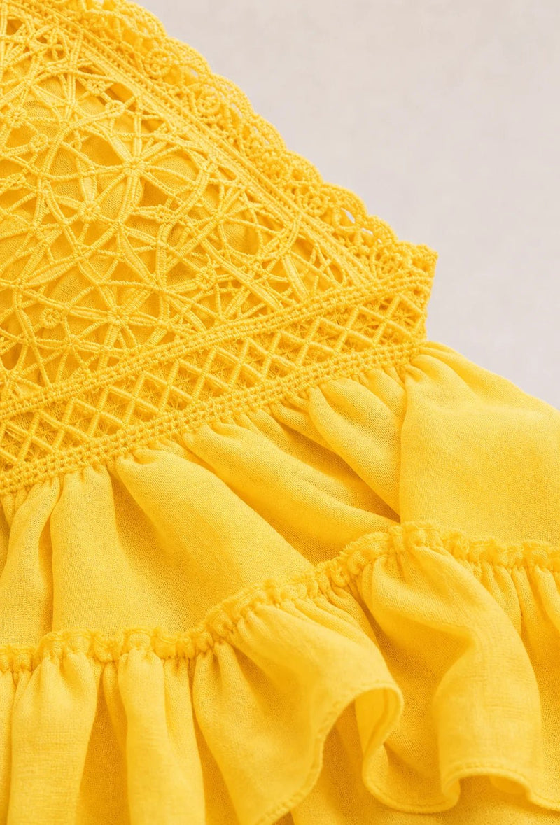 Sofaine Ingrid mini dress, fabric close-up of yellow crochet bodice and ruffle tiers