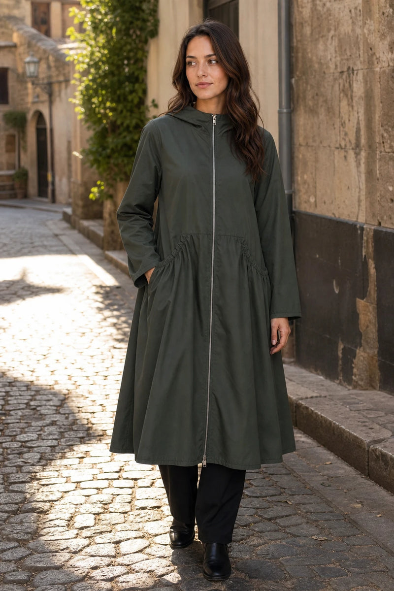 SOFAINE-V7-LIFE-Gretchen | Hooded Zip-Up Coat in Ink Green, street-style view