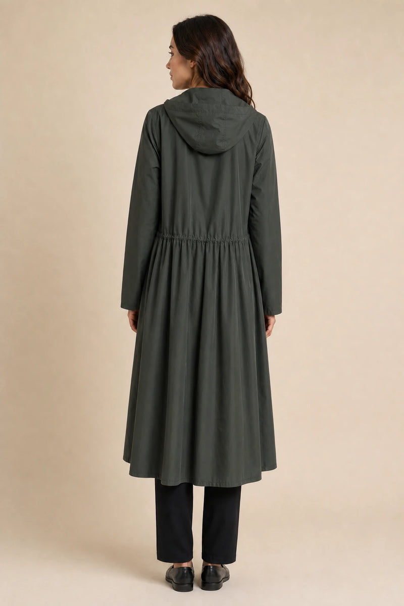 Gretchen | Hooded Zip-Up Coat in Ink Green, studio back view