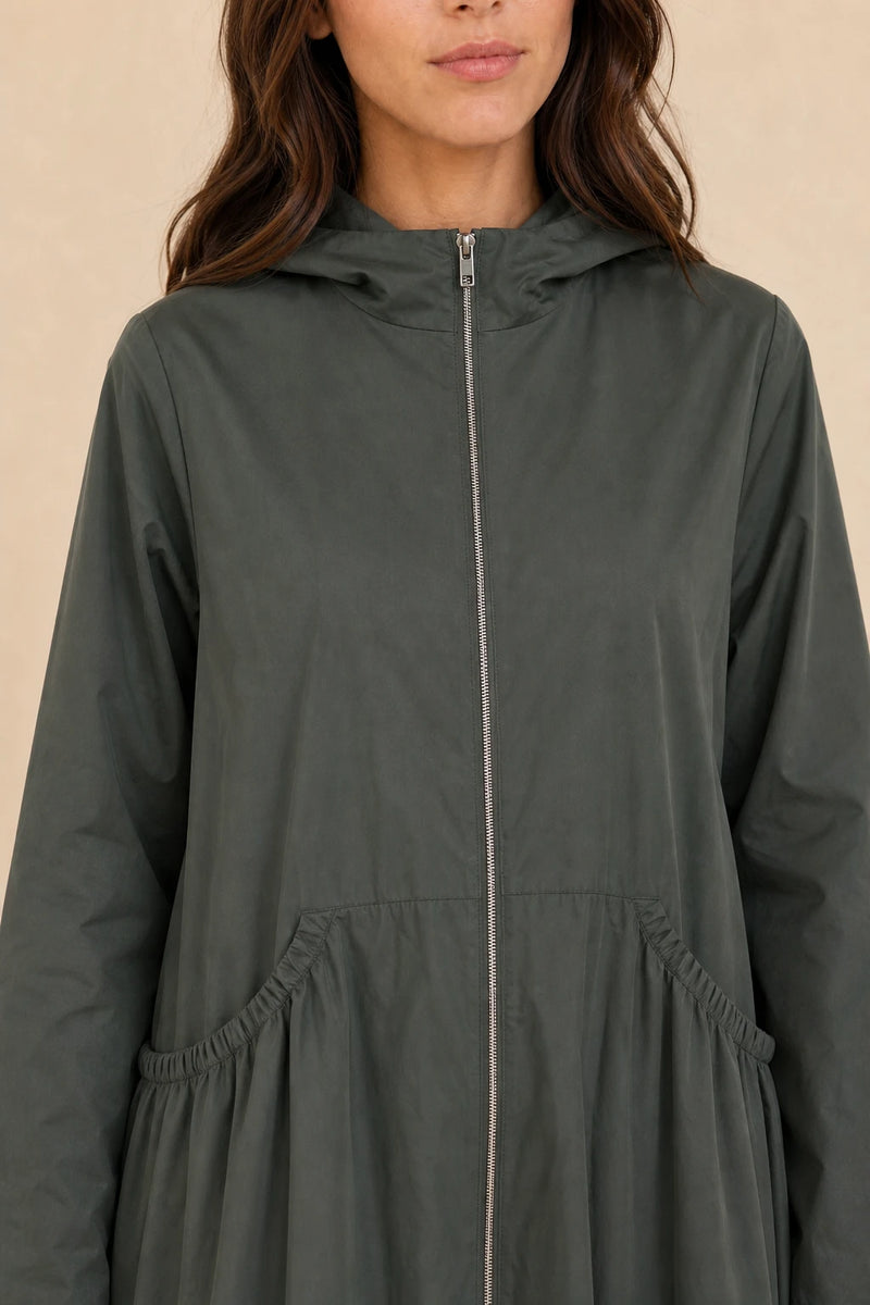 Gretchen | Hooded Zip-Up Coat in Ink Green, fabric close-up