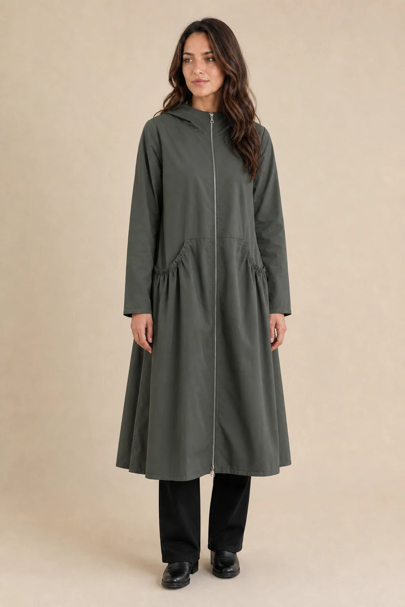 Gretchen | Hooded Zip-Up Coat in Ink Green, studio front view