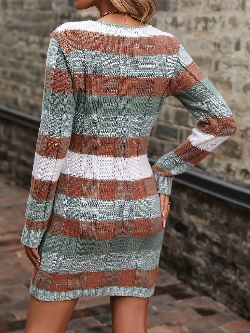Plaid Sweater Dress for Women with V Neck and Patch Pockets in Green Rust Plaid, back view