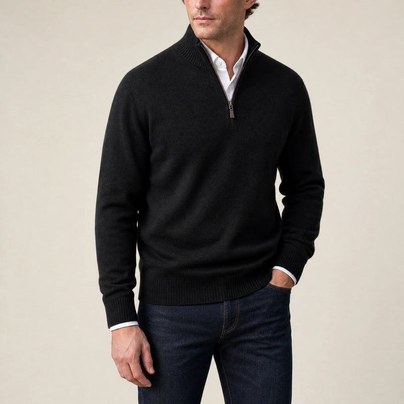 Sofaine Isaac quarter-zip knit pullover in Black, worn front on model