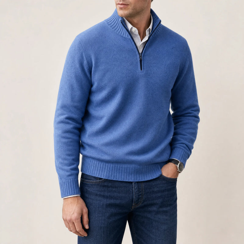 Sofaine Isaac quarter-zip knit pullover in Blue, worn front on model
