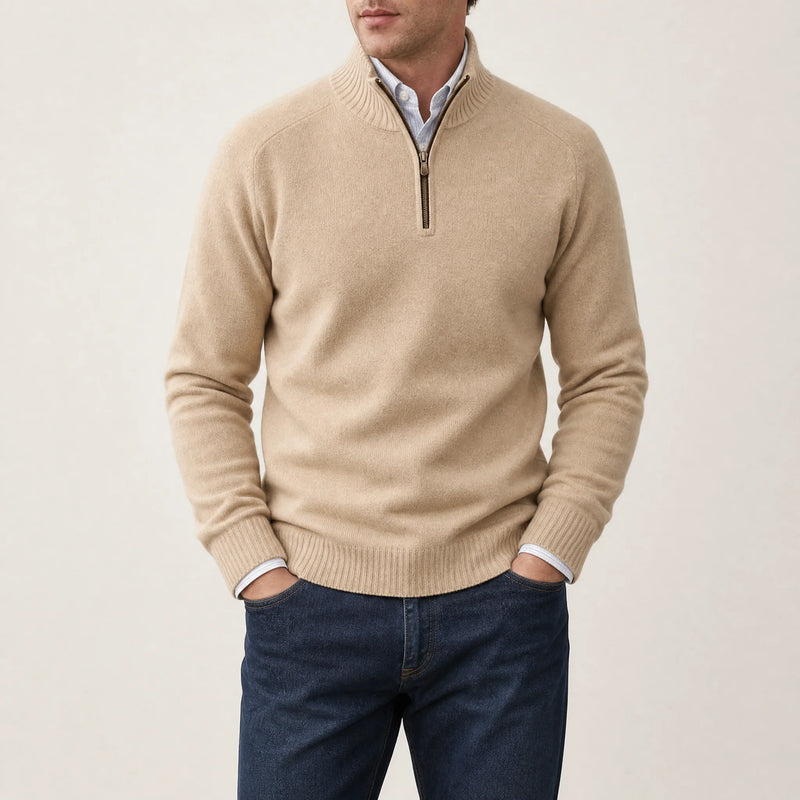 Sofaine Isaac quarter-zip knit pullover in Beige, worn front on model