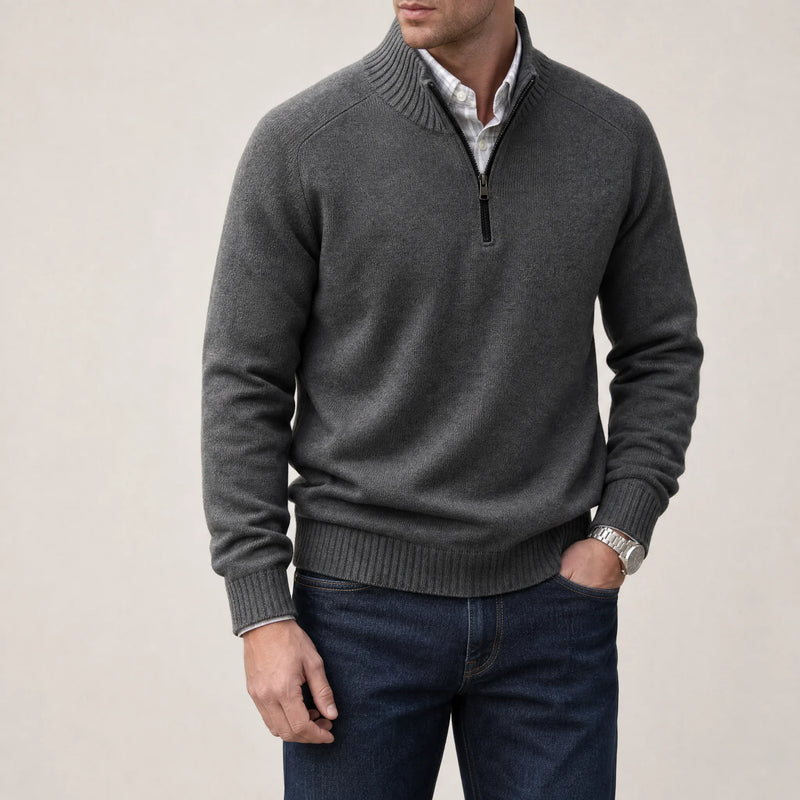 Sofaine Isaac quarter-zip knit pullover in Dark Gray, worn front on model