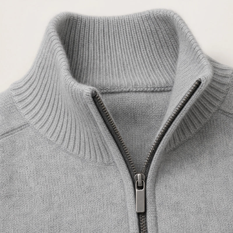 Sofaine Isaac quarter-zip knit pullover in Gray, collar zip detail