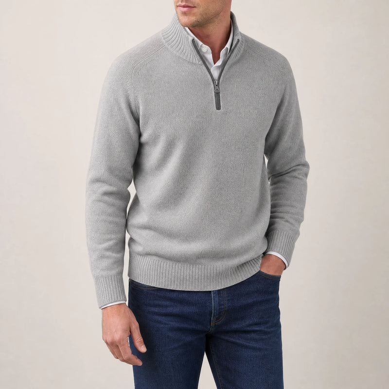 Sofaine Isaac quarter-zip knit pullover in Gray, worn front on model