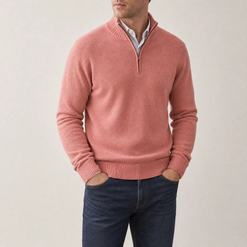 Sofaine Isaac quarter-zip knit pullover in Pink, worn front on model