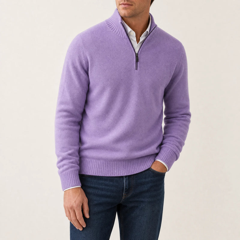 Sofaine Isaac quarter-zip knit pullover in Purple, worn front on model