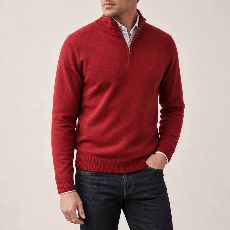 Sofaine Isaac quarter-zip knit pullover in Red, worn front on model