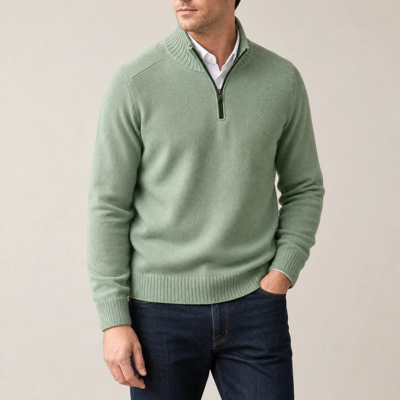 Sofaine Isaac quarter-zip knit pullover in Green, worn front on model