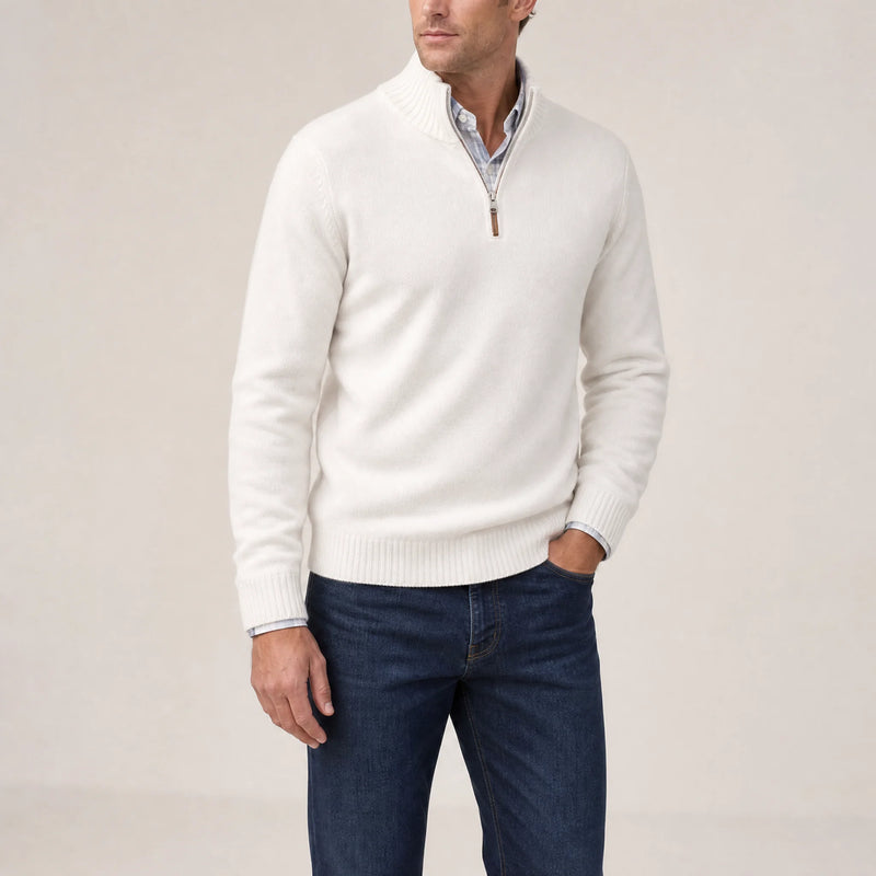 Sofaine Isaac quarter-zip knit pullover in White, worn front on model