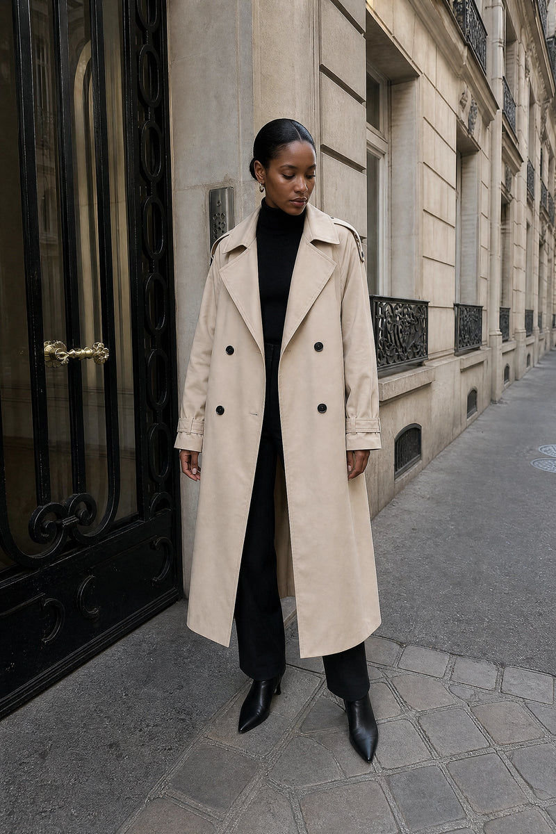 SOFAINE-V7-LIFE-Isabel | Lapel Trench Coat in Beige, street-style view