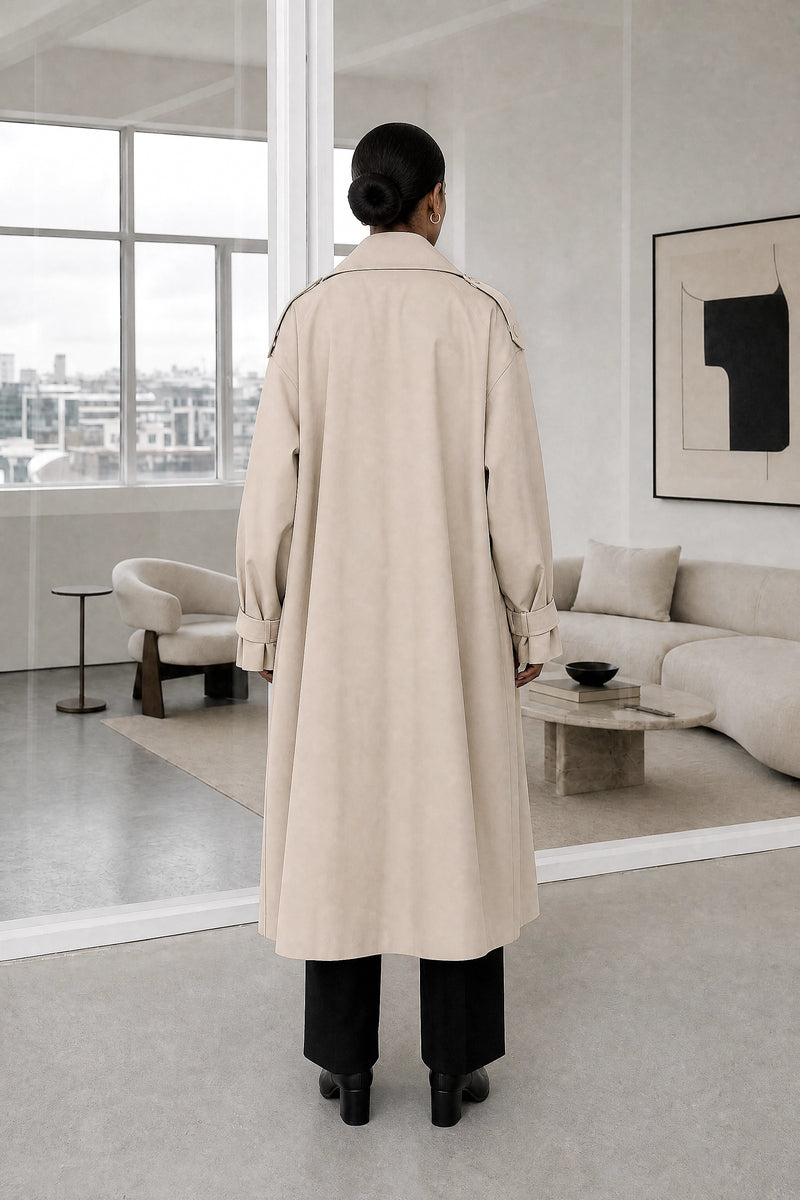 Isabel | Lapel Trench Coat in Beige, studio back view