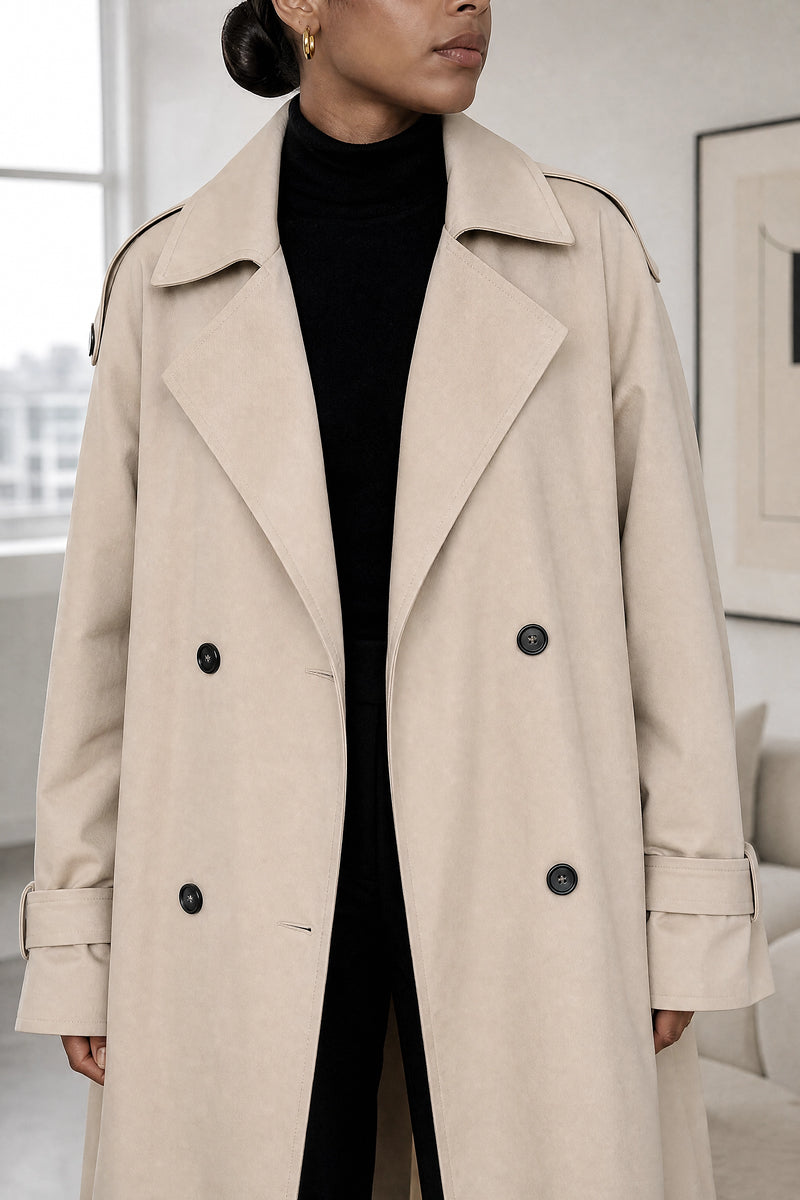 Isabel | Lapel Trench Coat in Beige, fabric close-up