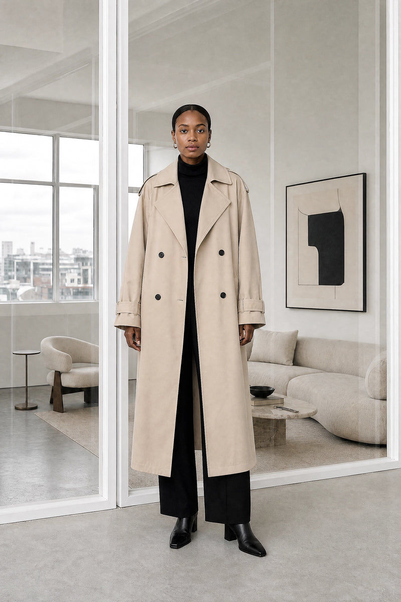 Isabel | Lapel Trench Coat in Beige, studio front view