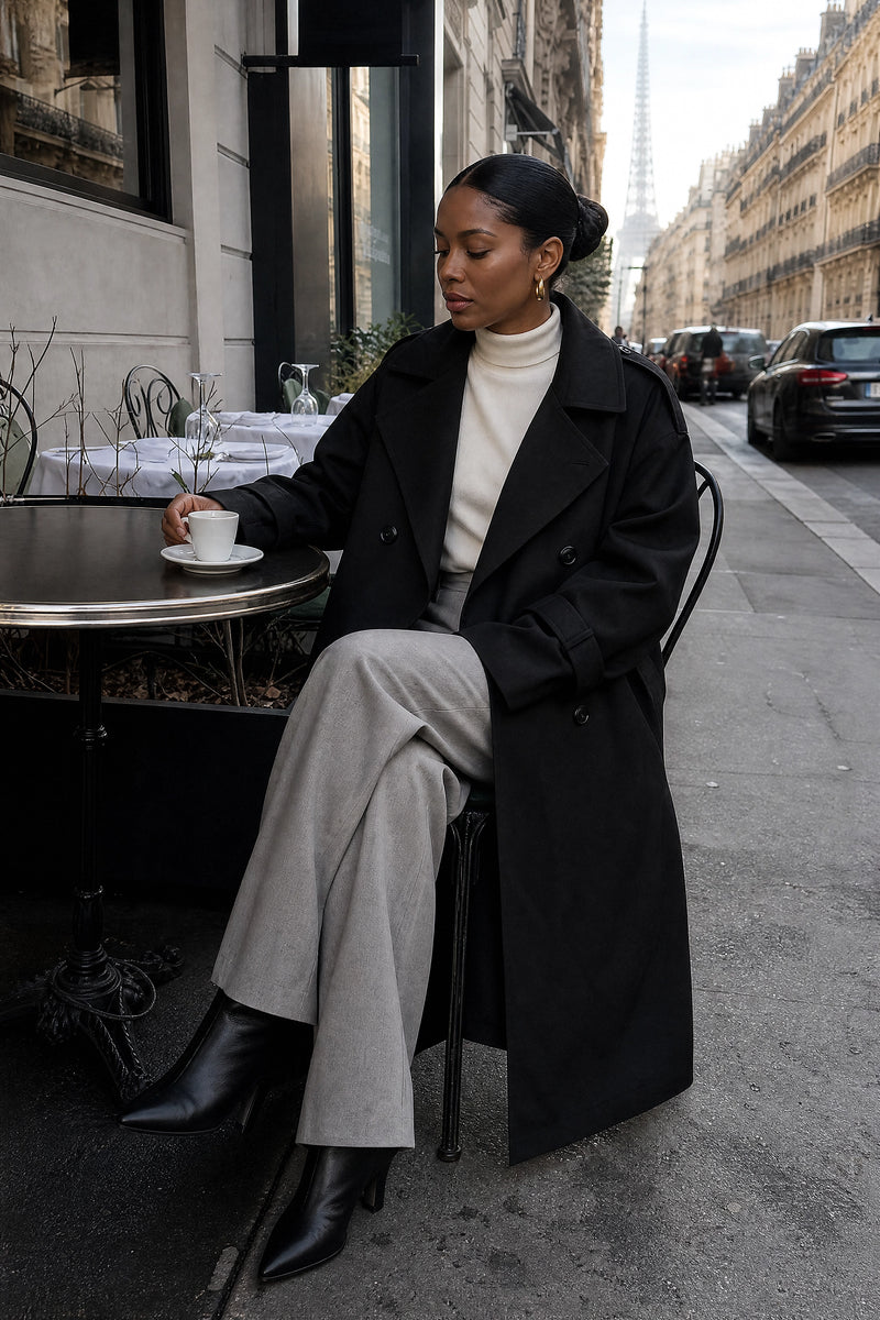 SOFAINE-V7-LIFE-Isabel | Lapel Trench Coat in Black, café scene