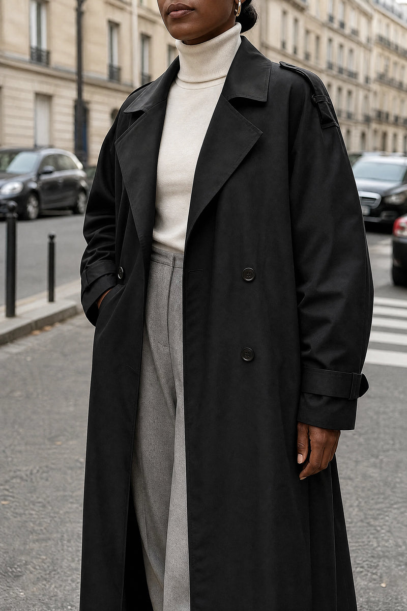 SOFAINE-V7-LIFE-Isabel | Lapel Trench Coat in Black, detail close-up