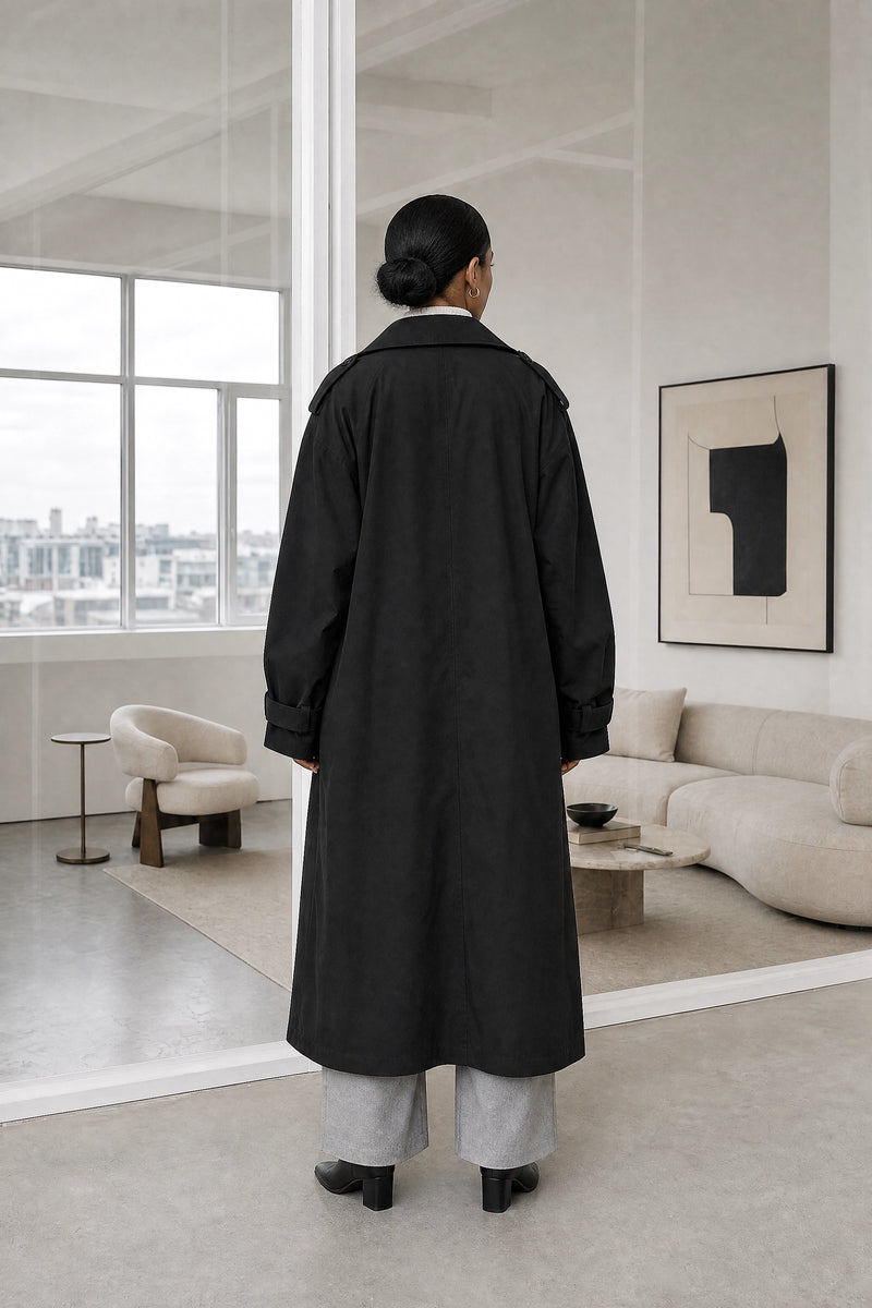 Isabel | Lapel Trench Coat in Black, studio back view
