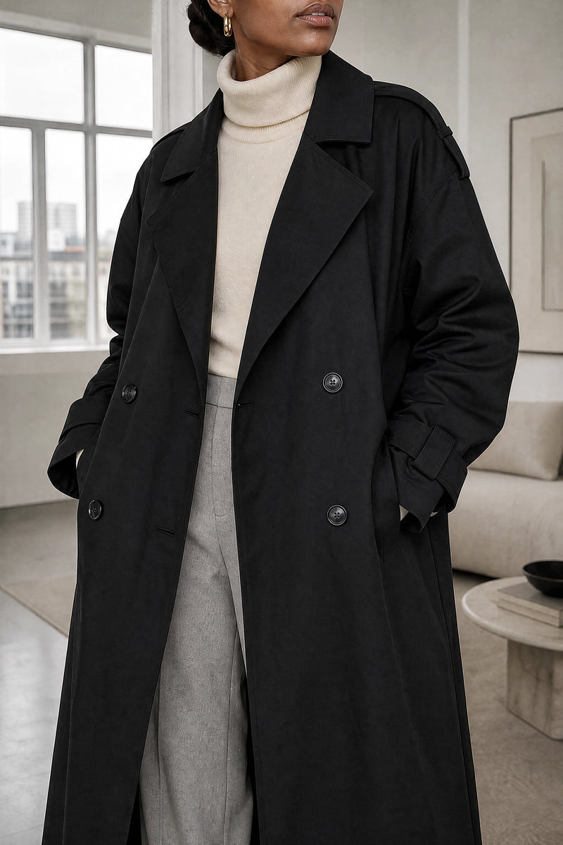 Isabel | Lapel Trench Coat in Black, fabric close-up