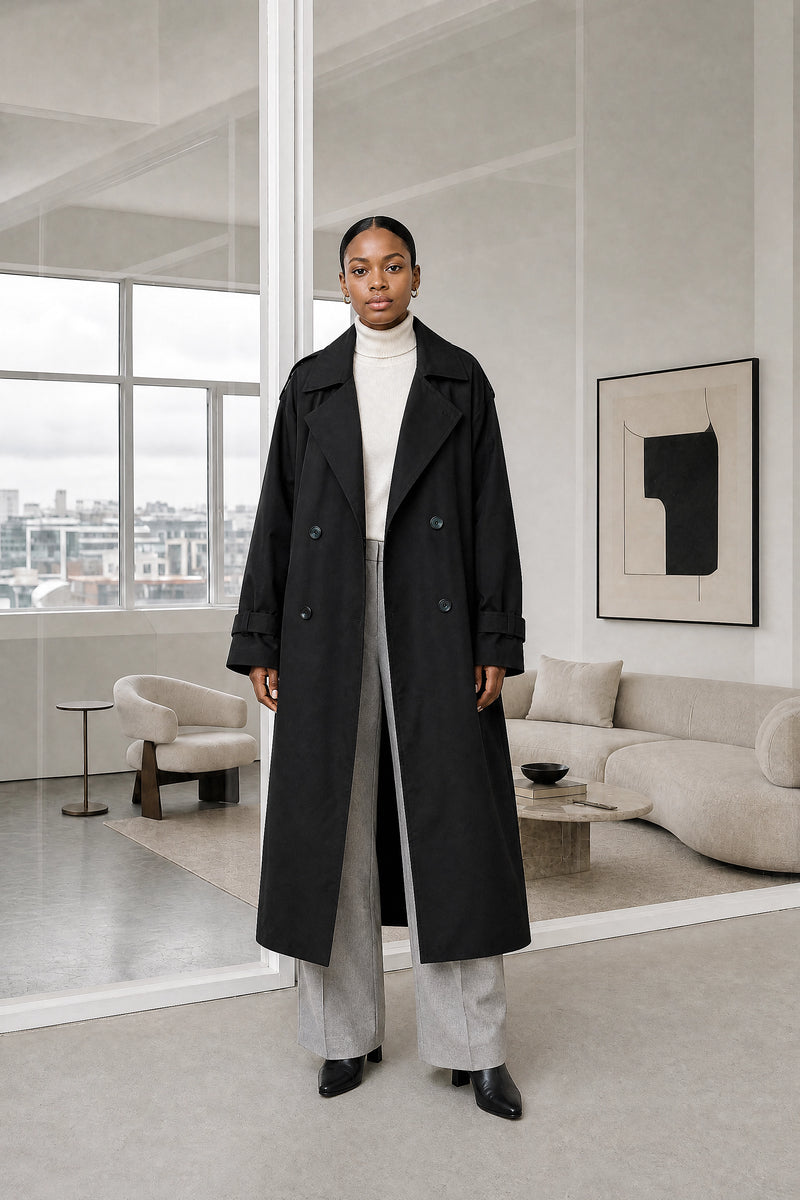 Isabel | Lapel Trench Coat in Black, studio front view