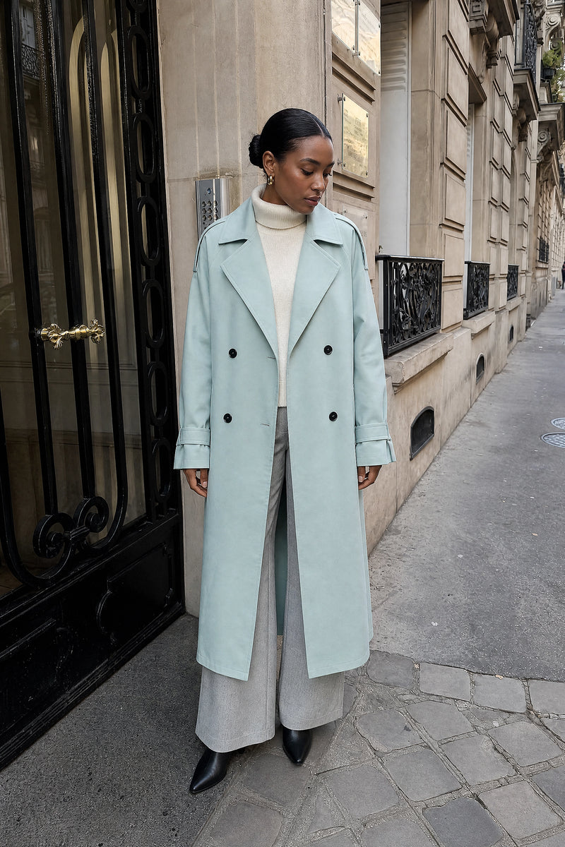 SOFAINE-V7-LIFE-Isabel | Lapel Trench Coat in Blue, street-style view