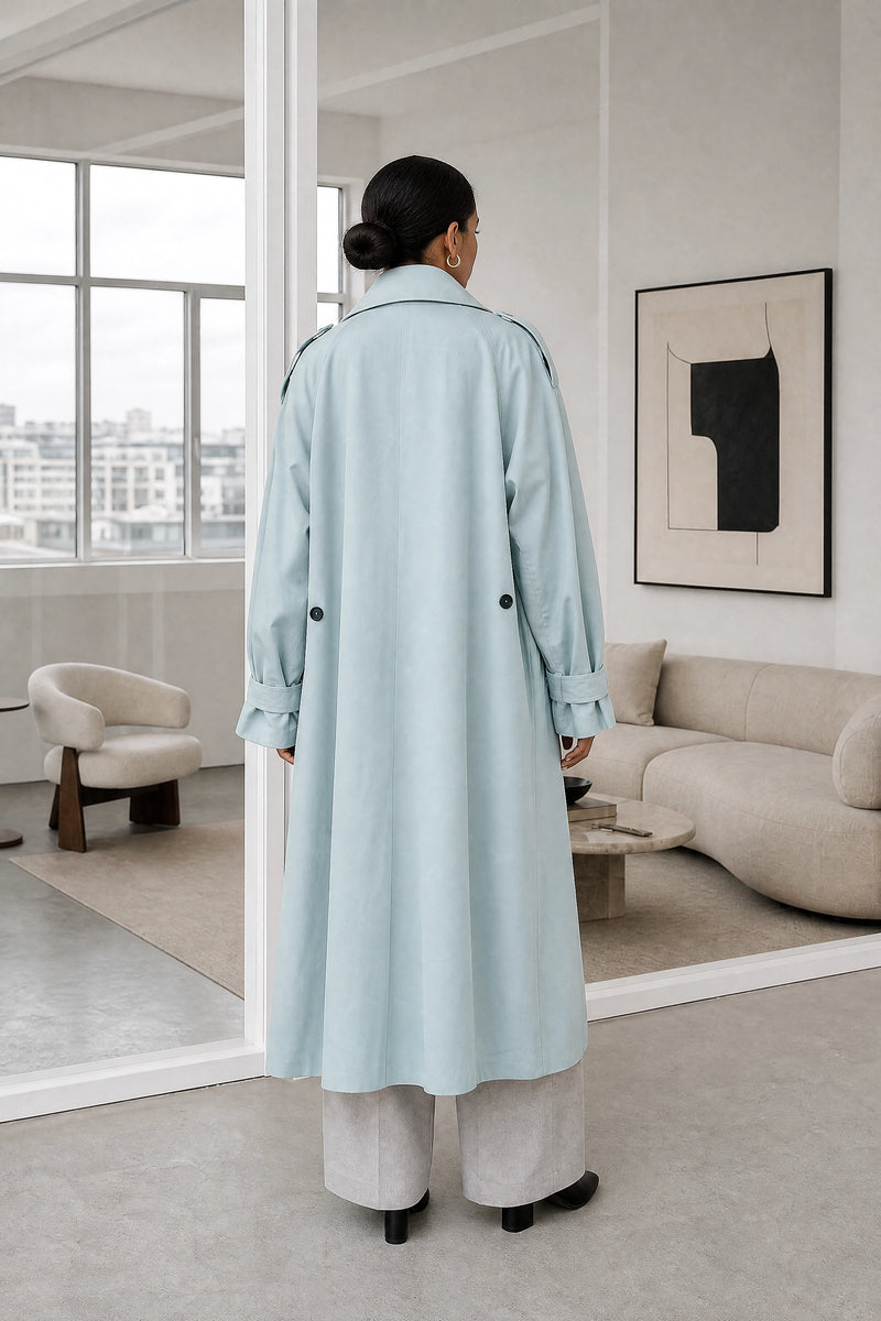Isabel | Lapel Trench Coat in Blue, studio back view