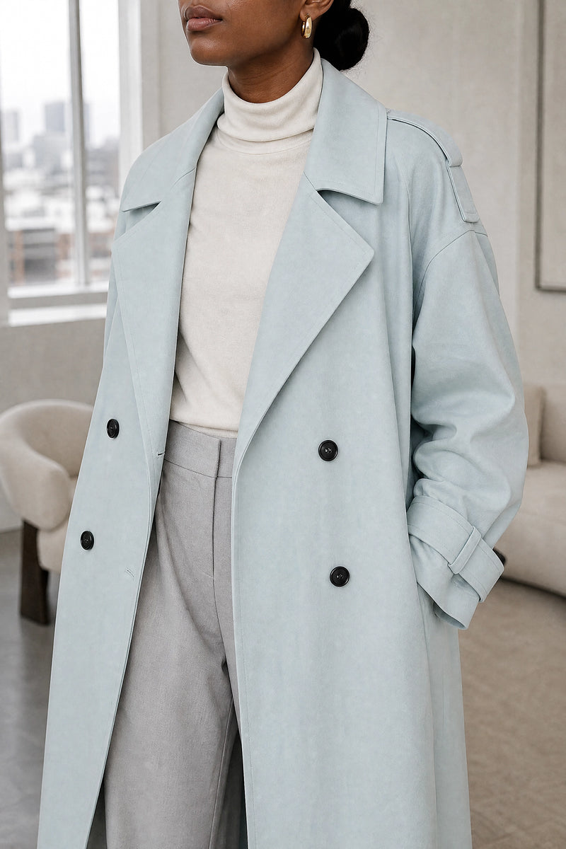 Isabel | Lapel Trench Coat in Blue, fabric close-up