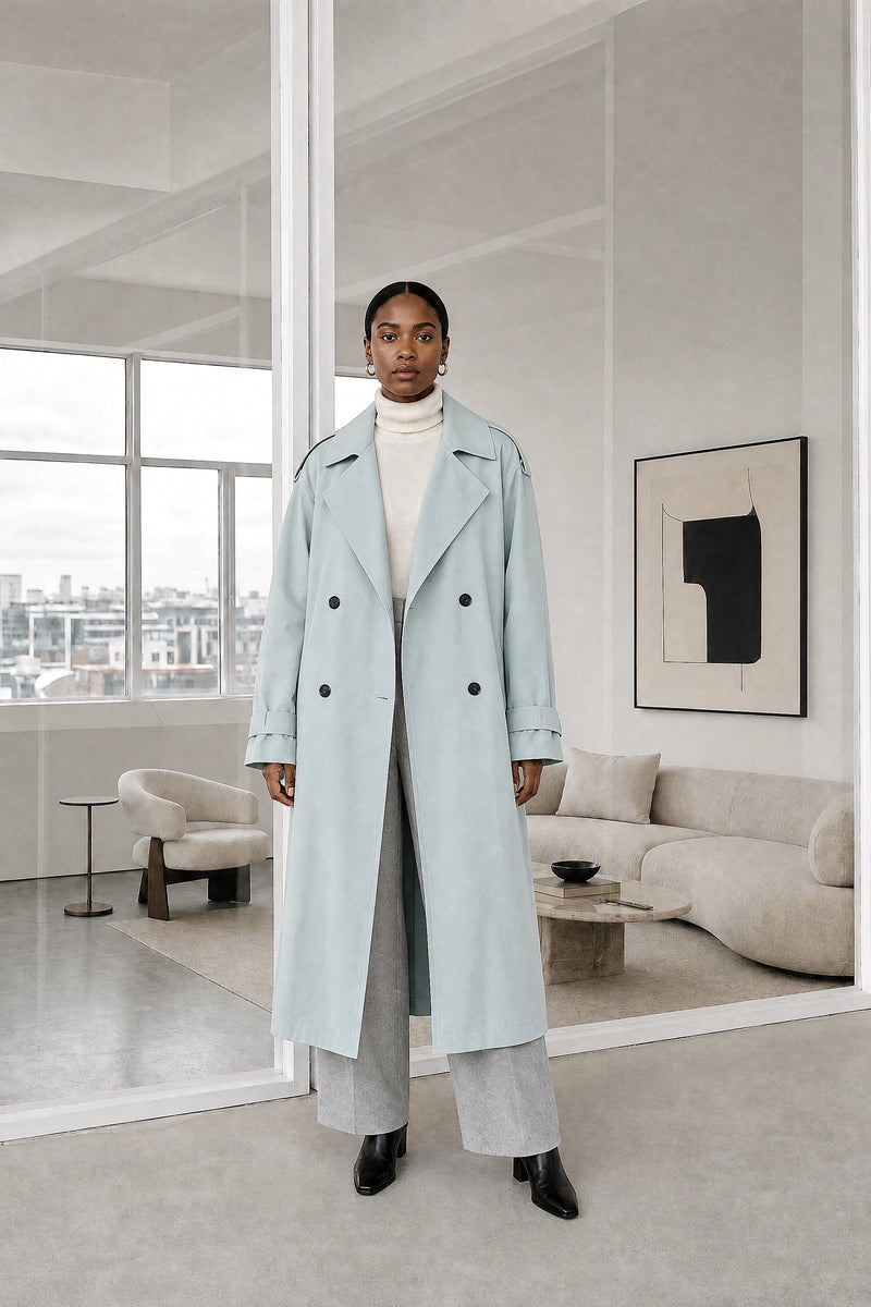 Isabel | Lapel Trench Coat in Blue, studio front view