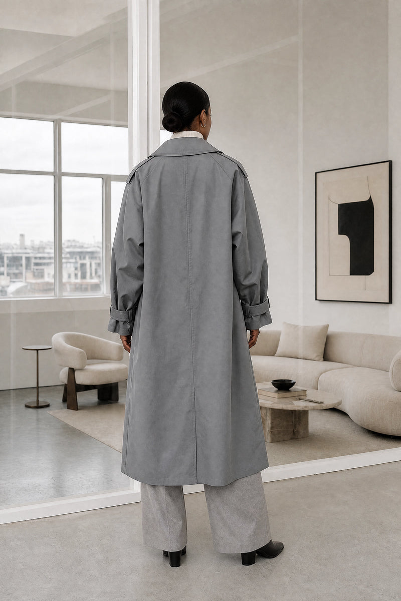 Isabel | Lapel Trench Coat in Gray, studio back view