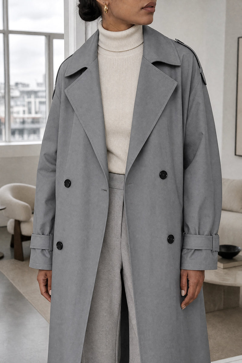 Isabel | Lapel Trench Coat in Gray, fabric close-up