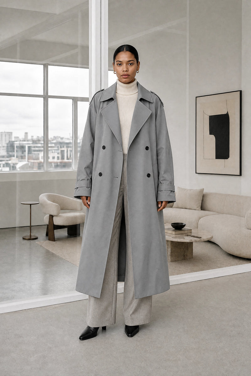 Isabel | Lapel Trench Coat in Gray, studio front view