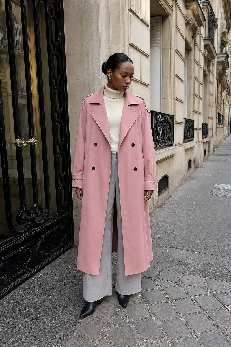 SOFAINE-V7-LIFE-Isabel | Lapel Trench Coat in Pink, street-style view
