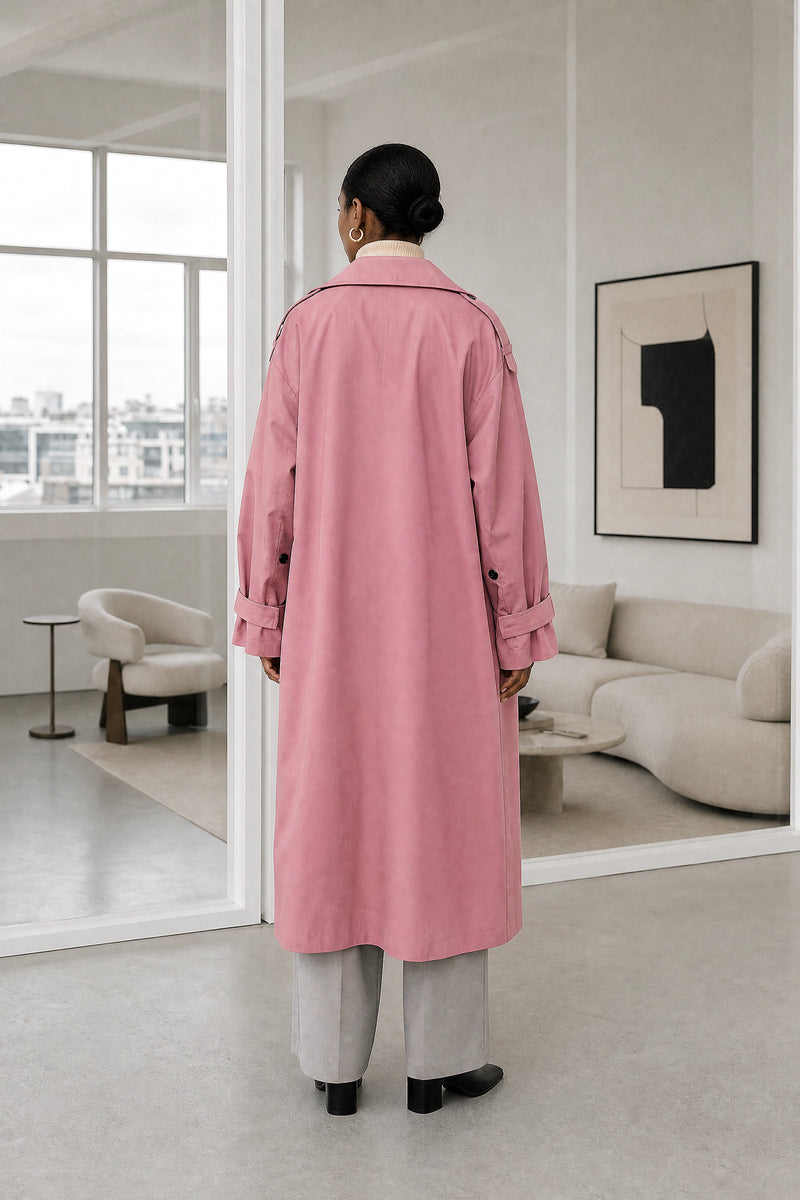 Isabel | Lapel Trench Coat in Pink, studio back view