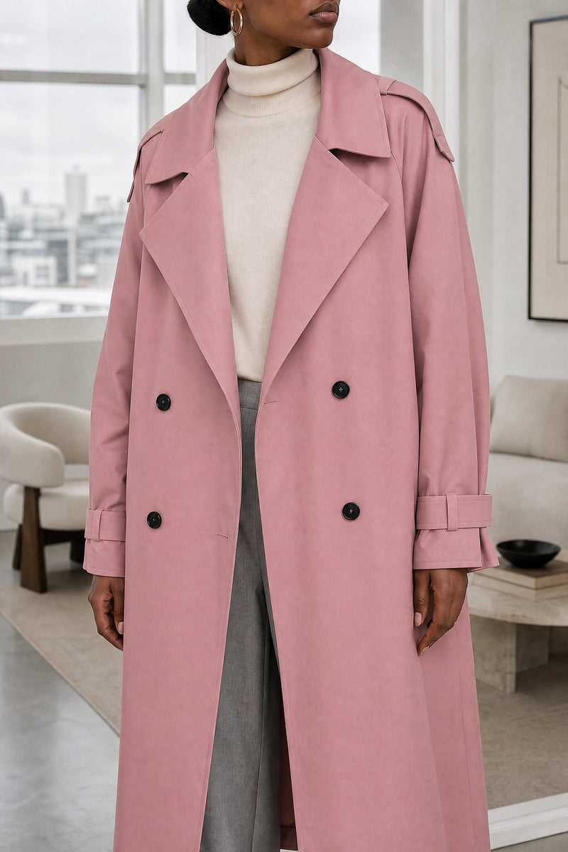 Isabel | Lapel Trench Coat in Pink, fabric close-up