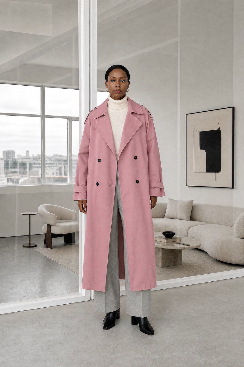Isabel | Lapel Trench Coat in Pink, studio front view